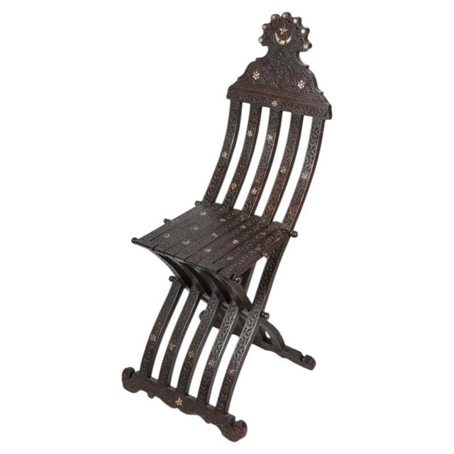 19th Century Moorish Carved Wood Folding Chair with Mother-of-Pearl Inlay For Sale - Image 11 of 15