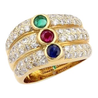 Diamond & Multi-Color Gems 18k Yellow Gold 3 Row Stack Ring - Size 5 For Sale