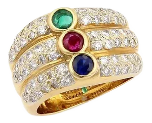 Diamond & Multi-Color Gems 18k Yellow Gold 3 Row Stack Ring - Size 5