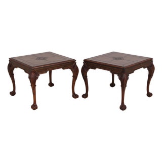 Pair Chippendale Tooled Leather Mahogany Lamp Tables For Sale