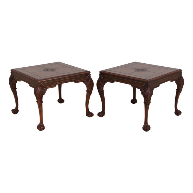 Pair Chippendale Tooled Leather Mahogany Lamp Tables For Sale