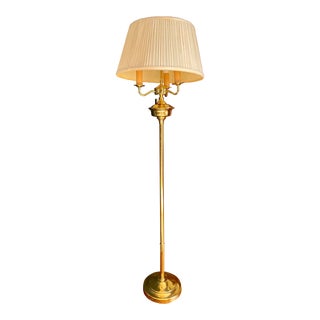 Mid 20th Century Tall Brass Floor Lamp With Three-Candlestick Arms For Sale
