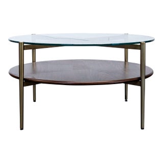 Williams Sonoma Round Glass and Wood Coffee Table For Sale