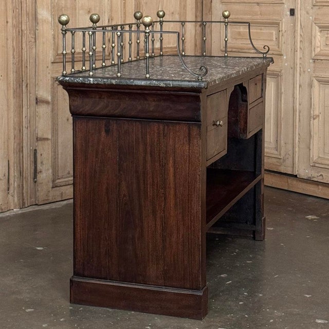 Rare Louis Philippe Period Marble Top Concierge Counter With Original Hand Forged Brass Gallery Rail For Sale - Image 15 of 18
