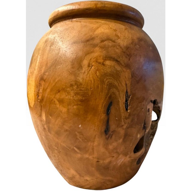 Handcrafted Wabi Sabi Turned Teak Root Wood Urn Vessel With Organic Natural Knots and Voids For Sale - Image 4 of 14
