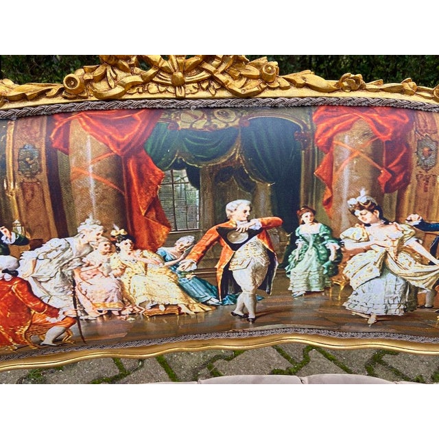 1975 French Louis XVI Gilded Beech Velvet & Silk Artwork Settee For Sale - Image 10 of 12