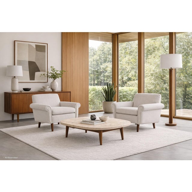 This elegant pair of Danish Modern lounge chairs, crafted in Denmark circa 1960, beautifully captures the timeless...