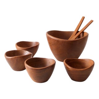 Mid 20th Century Teak Salad Bowl Set With Serving Utensils - 7 pcs For Sale