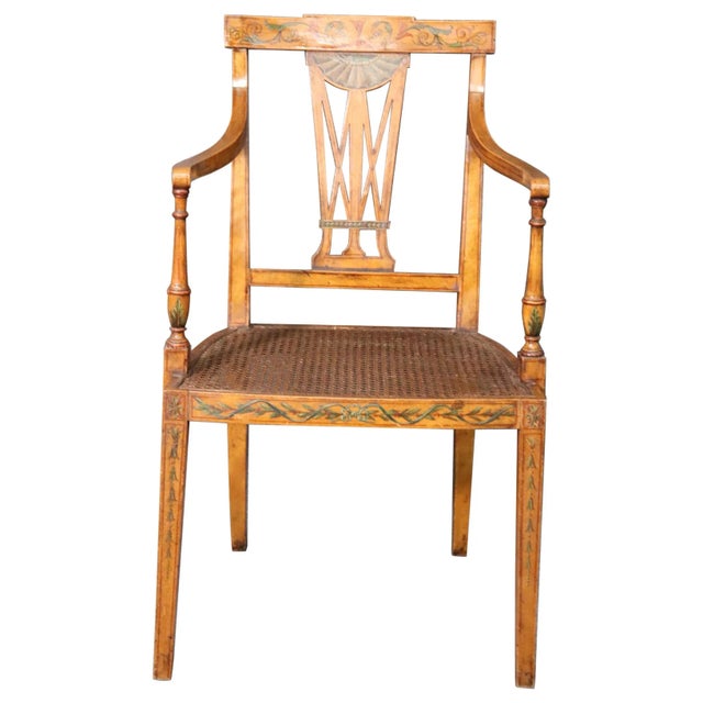 Fine Quality Paint Decorated English Satinwood Adams Cane Armchair Circa 1920 For Sale - Image 13 of 13
