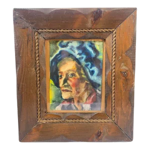 Vintage Watercolor Painting on Board Portrait of Woman in a Hand Carved Rustic Nautical Frame Artist Signed Elnora Hauser 1948