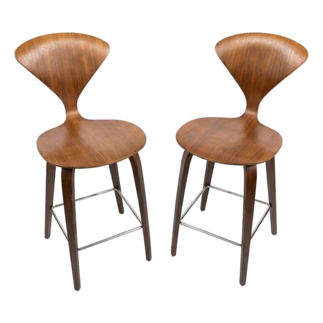 Authentic, Mid-Century Modern Walnut Cherner Wood Base Counter Stools For Sale