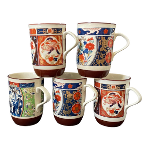 Japanese Porcelain Imari Coffee Tea Mug Cup Crane Bird Garden Set of 5