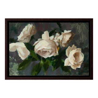 Contemporary Roses III by Jon Doran | Oil on Panel Open White Roses on Grey Still Life For Sale