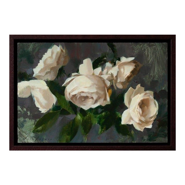 Contemporary Roses III by Jon Doran | Oil on Panel Open White Roses on Grey Still Life For Sale