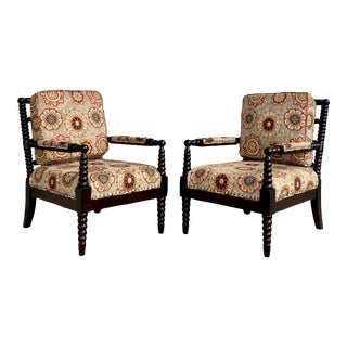 Attributed to Miles Talbott Turned Bobbin Embroidered Club Chairs - Set of 2 For Sale