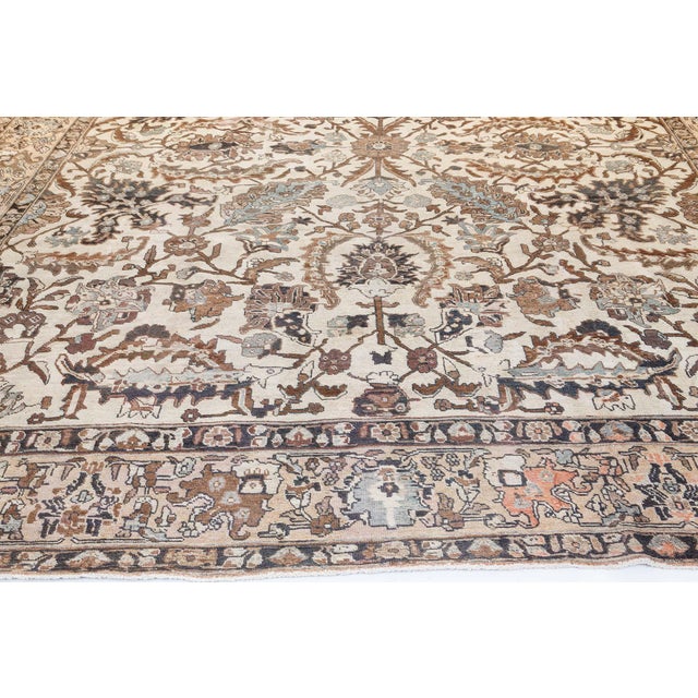 Textile Authentic 1900s Tabriz Ivory, Blue and Brown Handmade Wool Rug For Sale - Image 7 of 8