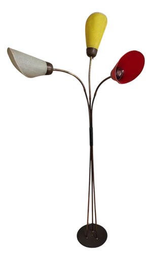 Mid-Century German Floor Lamp with Brass Frame with Flexible Arms on Black Cast-Iron Base with Three Colored Plastic Bag Shades, 1950s