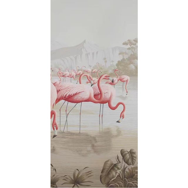 Not Yet Made - Made To Order 36" * H96" * 3ps, Neoclassical Hand-Painted Flamingo Colony Tropical Wetland Mural For Sale - Image 5 of 6