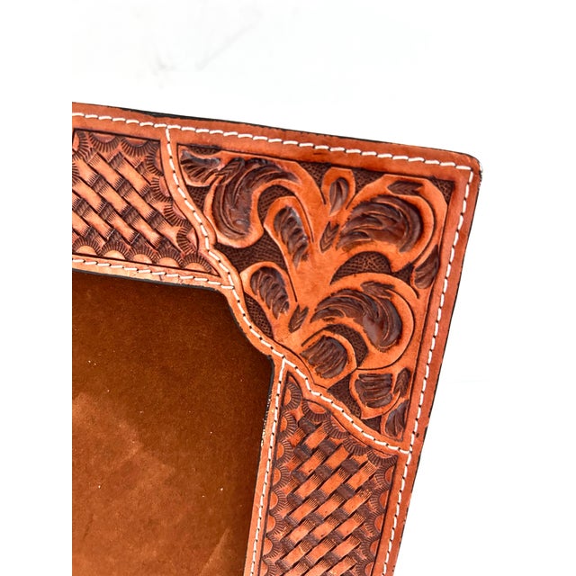 Glass 1970s Southwestern Tooled Leather Picture Frame With Croc Embossed Accents For Sale - Image 7 of 10