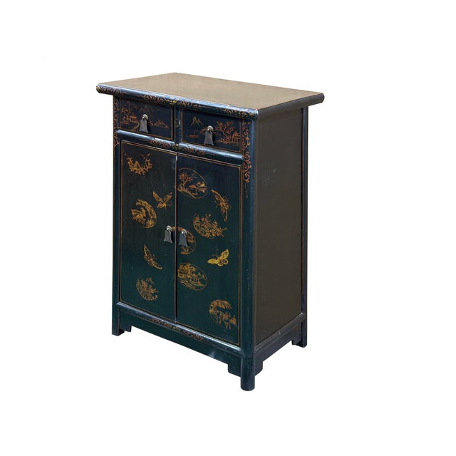 Asian Distressed Black Golden Floral Graphic Tall Side End Table Cabinet For Sale - Image 3 of 14