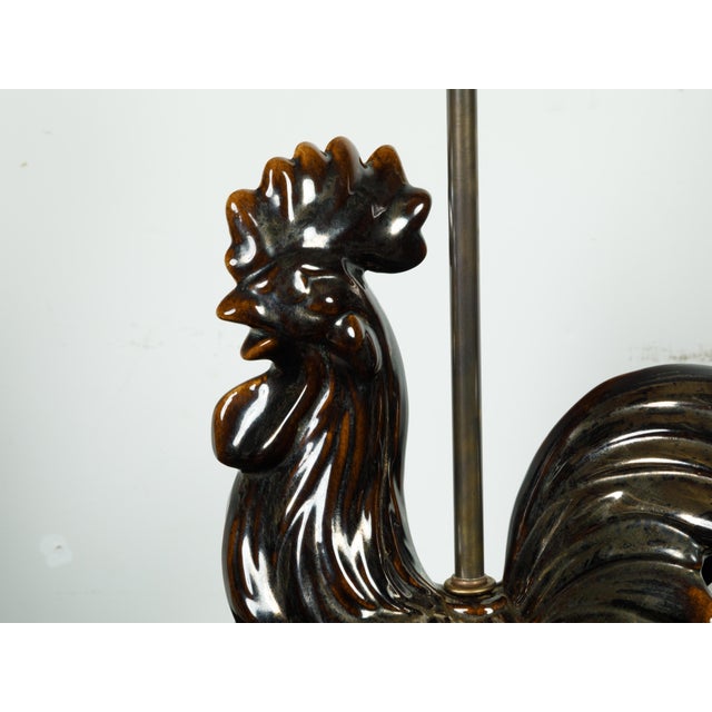 Mid 20th Century 1940s French Pottery Rooster Table Lamp with Dark Brown Patina and Lucite Base - a Pair For Sale - Image 5 of 7