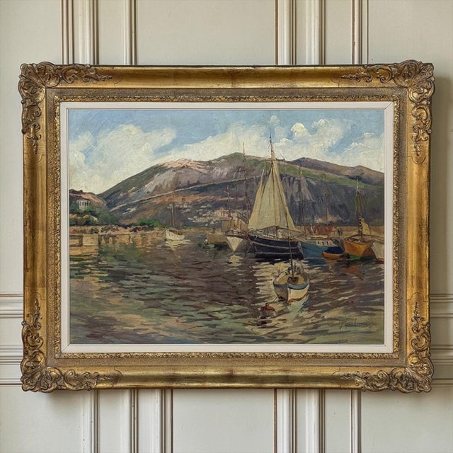 Nautical Antique Framed Painting on Canvas 'Harbor in Still Light' Signed by J. Gilbert For Sale - Image 3 of 15