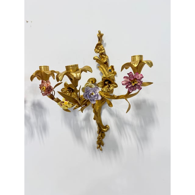 Late 19th Century Pr, French Rococo Revival Gilt Bronze Sconces With Porcelain Flowers, 19th C For Sale - Image 5 of 14