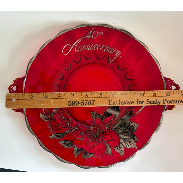 Vintage 40th Anniversary Ruby Red Glass Handled Plate With Silver Floral Overlay, 13” For Sale - Image 9 of 9