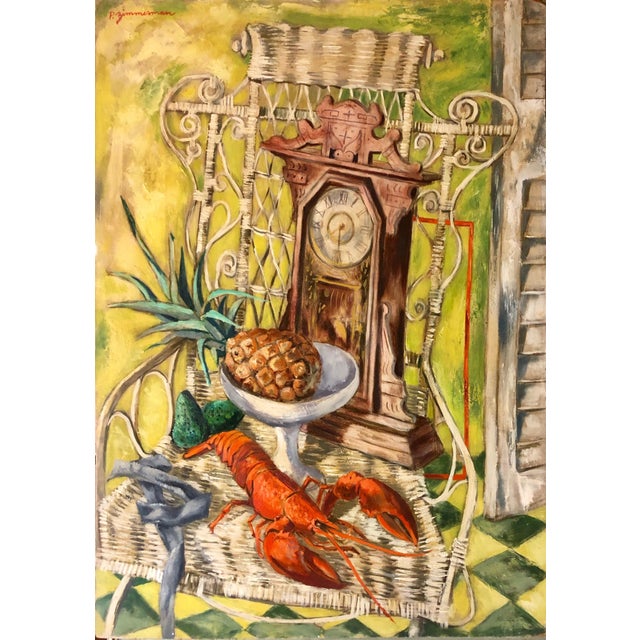 Paul Zimmerman, Modernist Oil Painting Still Life Tableaux with Lobster, Pineapple and Clock, c.1950s For Sale