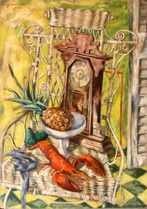 Paul Zimmerman, Modernist Oil Painting Still Life Tableaux with Lobster, Pineapple and Clock, c.1950s