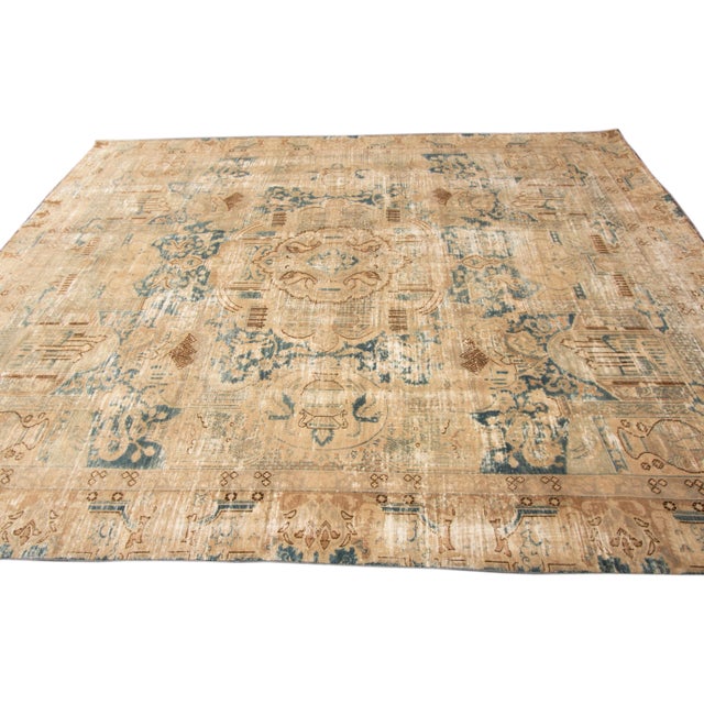 1960s 1960s Vintage Persian Distressed Beige Handmade Medallion Wool Rug For Sale - Image 5 of 11