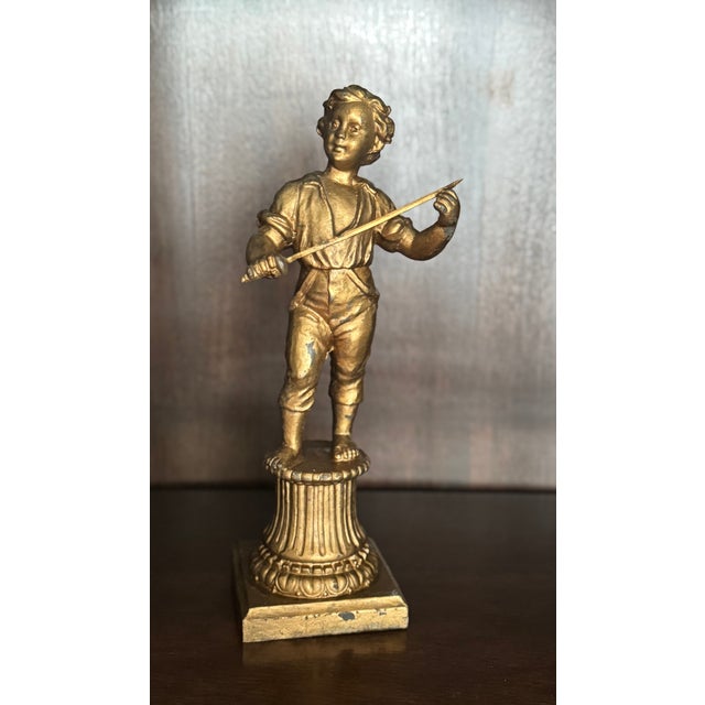 Metal Antique Gilt Spelter Figure of a Boy on Classical Pedestal, Circa 1900 For Sale - Image 7 of 17