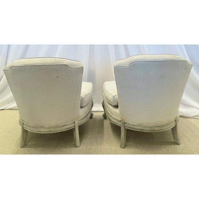 Pair Gustavian Style Slipper Chairs, Swedish Style Paint Decorated, Distressed, Linen For Sale In New York - Image 6 of 11