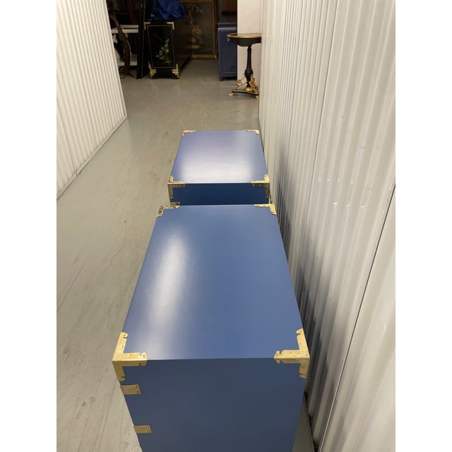 1970s Mid-Century Campaign Nightstands – Pair | Satin Lacquer “New York State of Mind” Blue With Brass For Sale In Miami - Image 6 of 12