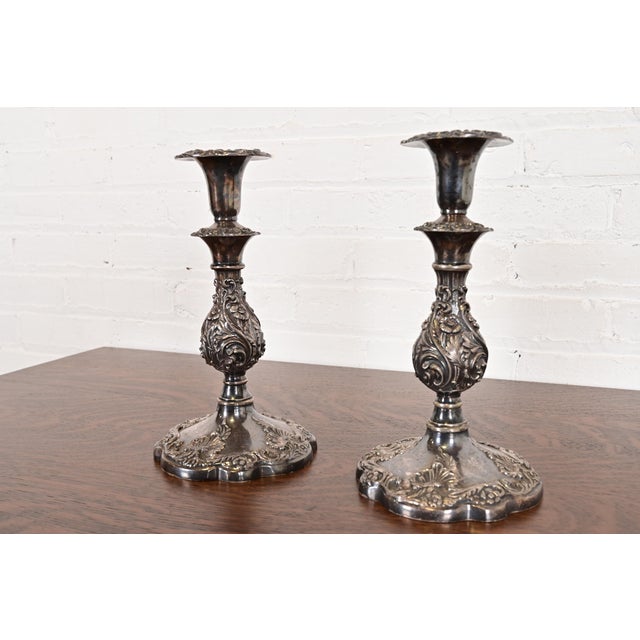 Victorian Sheffield Victorian Ornate Silverplate Candlesticks, Pair For Sale - Image 3 of 13