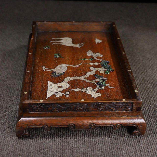 Late 20th Century Huali Rosewood Tray Inlaid With Mother-of-Pearl Deer & Crane For Sale - Image 5 of 10