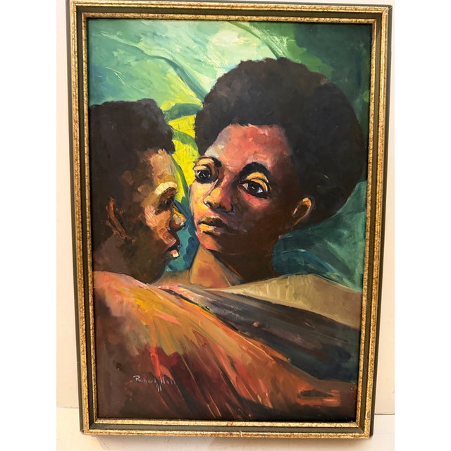 A captivating vintage painting depicting an intimate, close-up moment between two figures, rendered with bold, expressive...