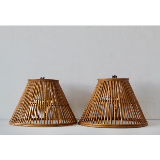 1970s Vintage Handwoven Bamboo Rattan Pendant Swag Style Lamps-a Pair For Sale - Image 5 of 13