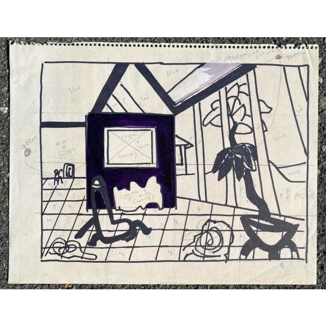 Interior preparatory sketch with color notes from the estate of Atlanta self taught artist Laurence Stuart Connatser...