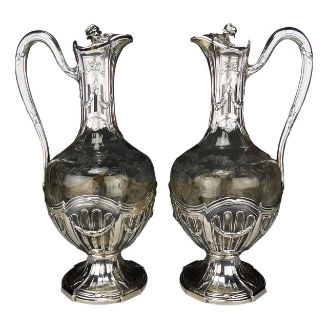 Crystal Ewers in Silver, 1890s, Set of 2 For Sale