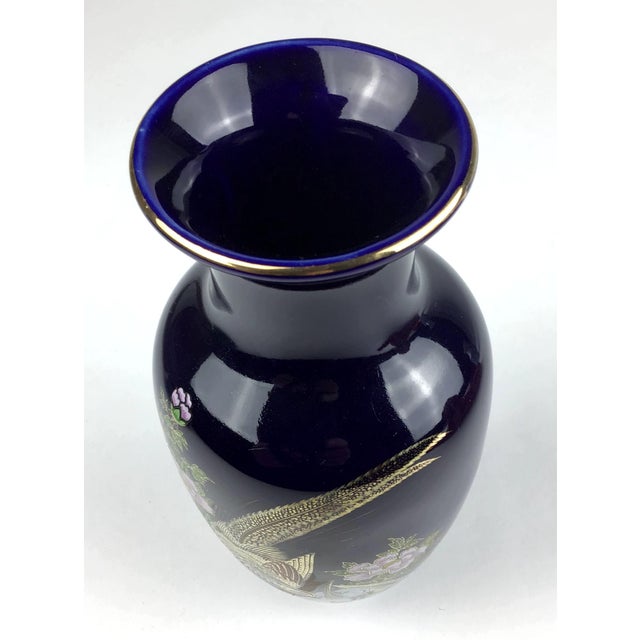 Hollywood Regency Vintage Cobalt Porcelain Hand Painted Vase Japan For Sale - Image 3 of 10