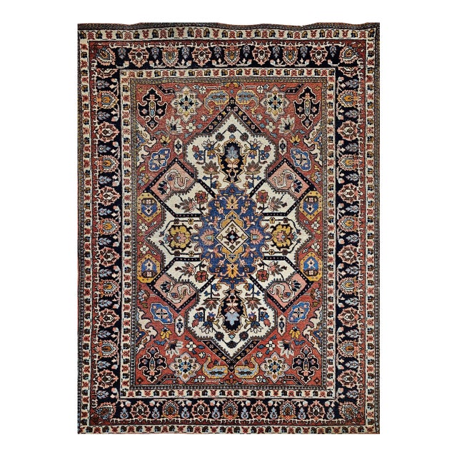 Vintage Persian Tabriz Area Rug, Hand-Knotted Wool, Heriz Geometric Pattern, Ivory & Red, 5x6 For Sale