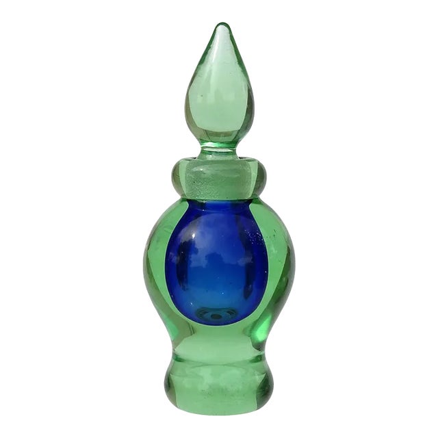 Seguso Murano Vintage Sommerso Blue Green Italian Art Glass Perfume Bottle With Original Label For Sale