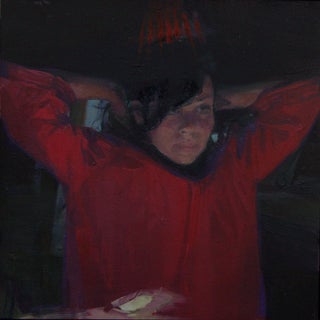 The Big Mirror 1 by Elena Burykina | Oil on panel Woman in a red shirt adjusting her hair. For Sale