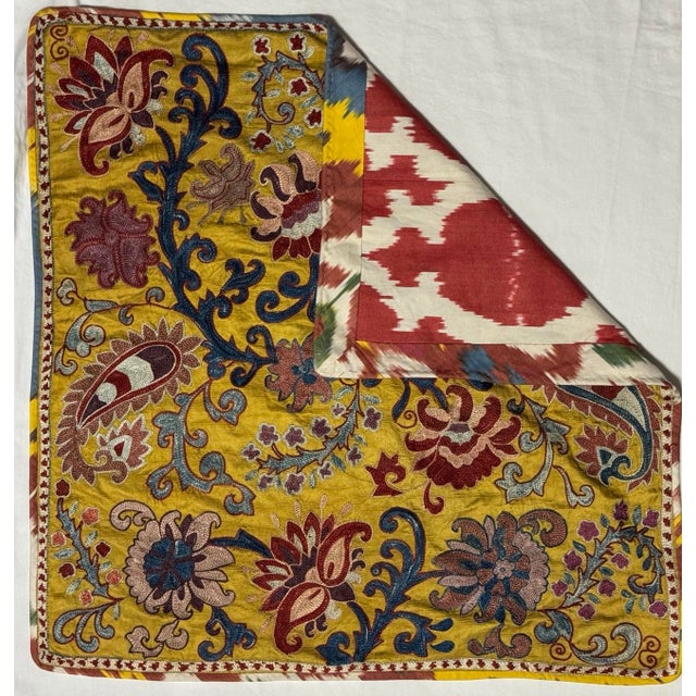 27” Uzbekistan Suzani Floral & Paisley Embroidered Silk Textile With Cotton Ikat Reverse For Sale In Phoenix - Image 6 of 12
