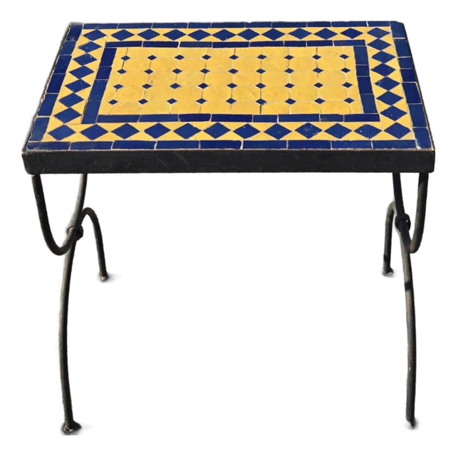 Handcrafted Moroccan Mosaic Tile Accent Table / Plant Stand – Blue & Yellow For Sale