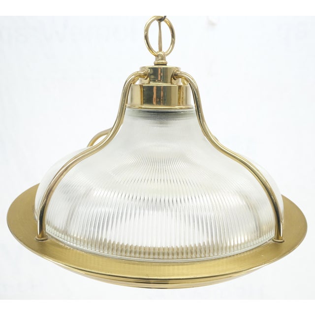 Pair of Round Brass Ribbed Glass Long Chain Light Fixture Pendants MCM For Sale - Image 11 of 12