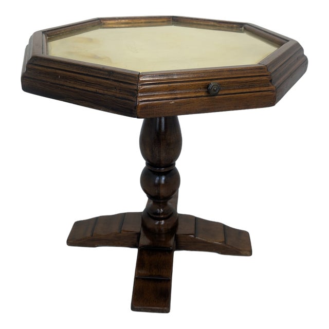 Vintage Octagonal Table with Drawers and Brass Top, 1920s For Sale