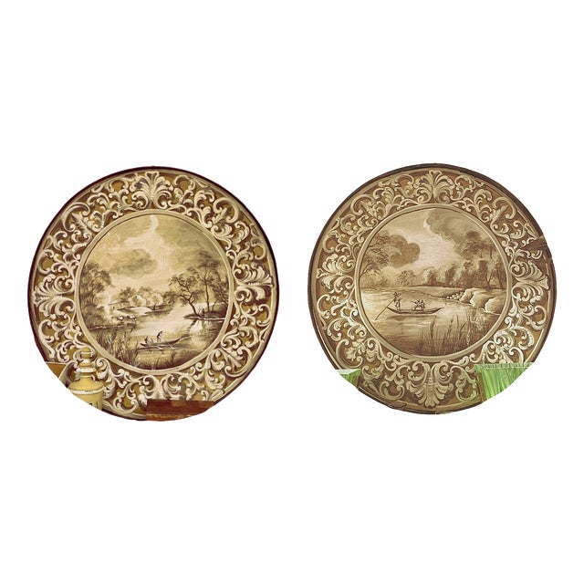 Tondos with Grisaille Landscapes, 1800s, Oil Painting on Canvas, Framed, Set of 2 For Sale