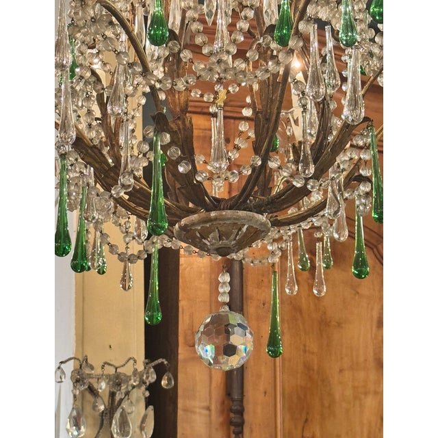 19th Century 19th Century Italian Tole and Green Crystal Drop Chandelier For Sale - Image 5 of 9